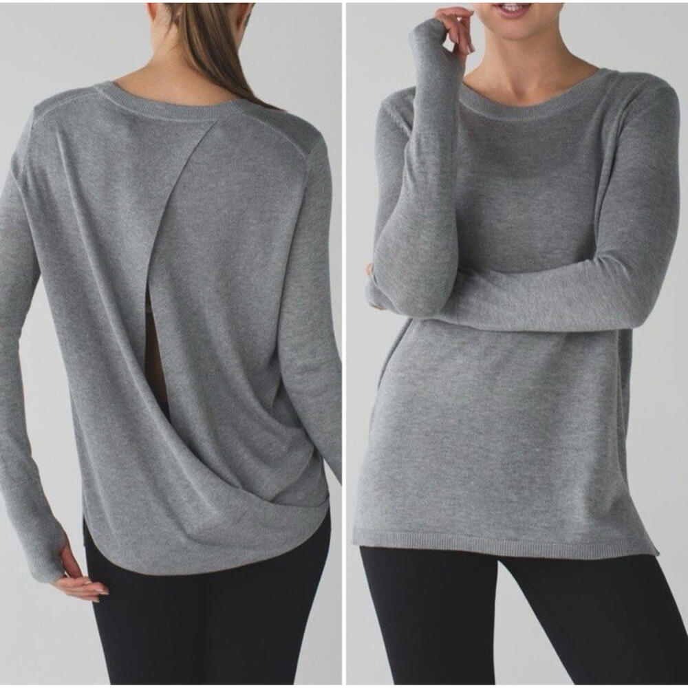 Lululemon Bring It Backbend Open Back Sweater 12 Cashmere Blend Pullover Gray